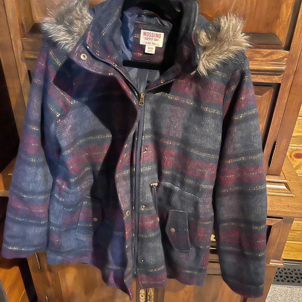 Mossimo Supply Co Plaid Wool Jacket Coat Faux Fur Hood Women’s Size XL